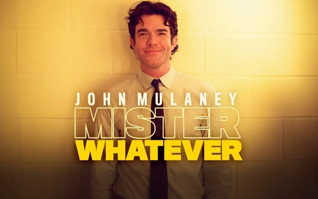 John Mulaney’s Mister Whatever tour graphic featuring his portrait against a gold background.