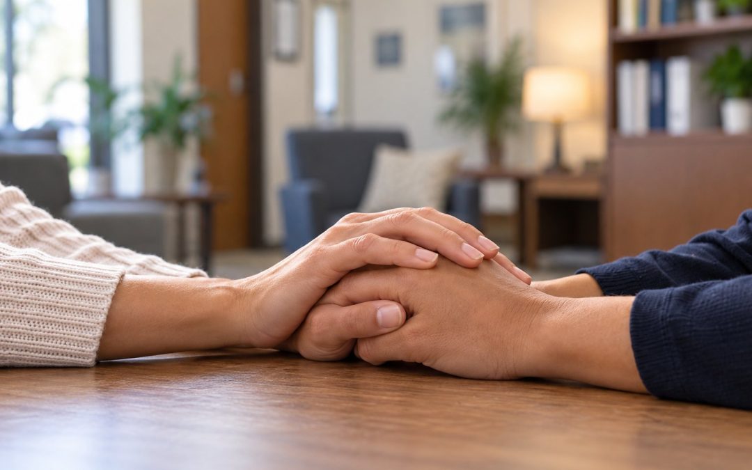 Two people holding hands in a community counseling office